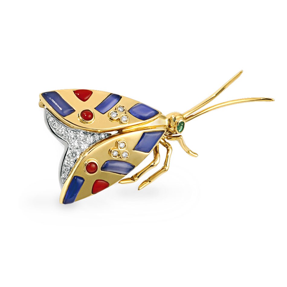 Broche Mariposa en Oro con Brillantes, Lapislázuli y Coral