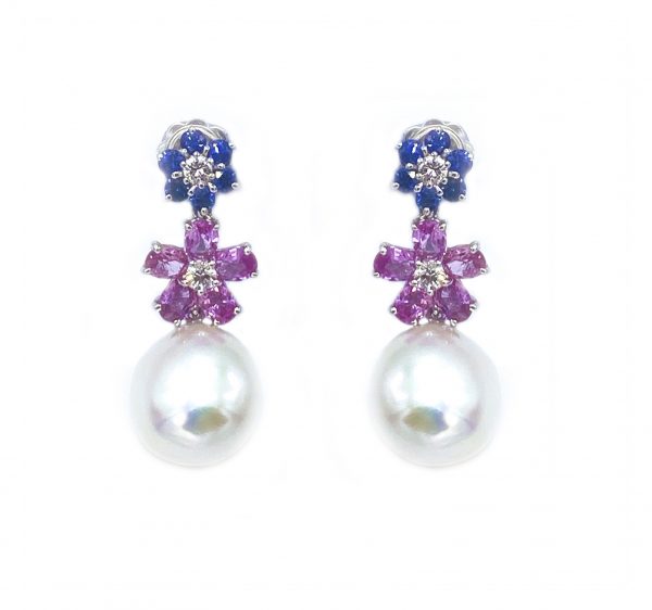 Pendientes Perlas floral y Zafiros color.. JRoca