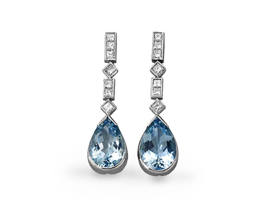 Pendientes Lagrima Diamantes y Aguamarina. JRoca